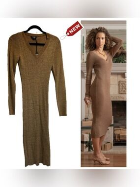 Velvet Heart Camel Brown gold Metallic thread Ribbed Knit V-Neck Midi Maxi Dress